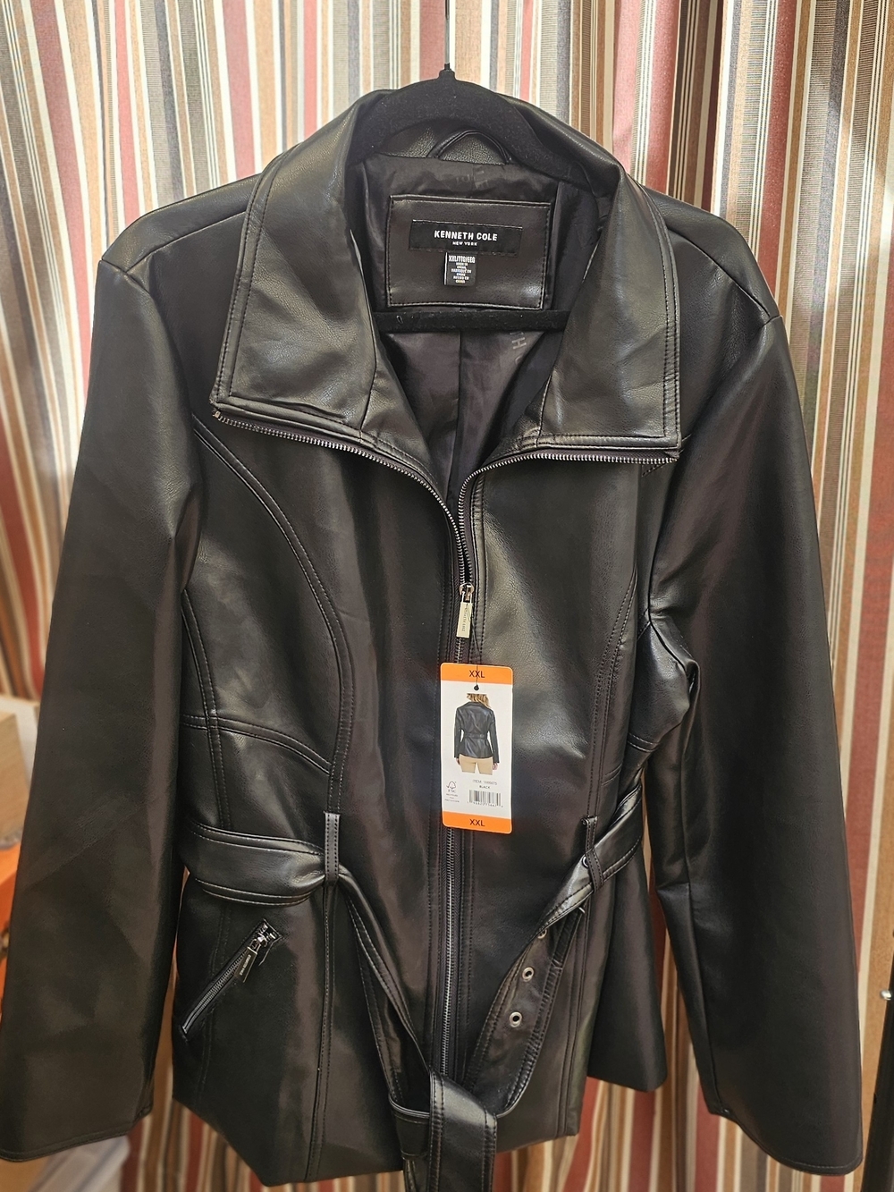 Kenneth Cole Black Faux Leather Zip-Up Jacket with Belted Waist